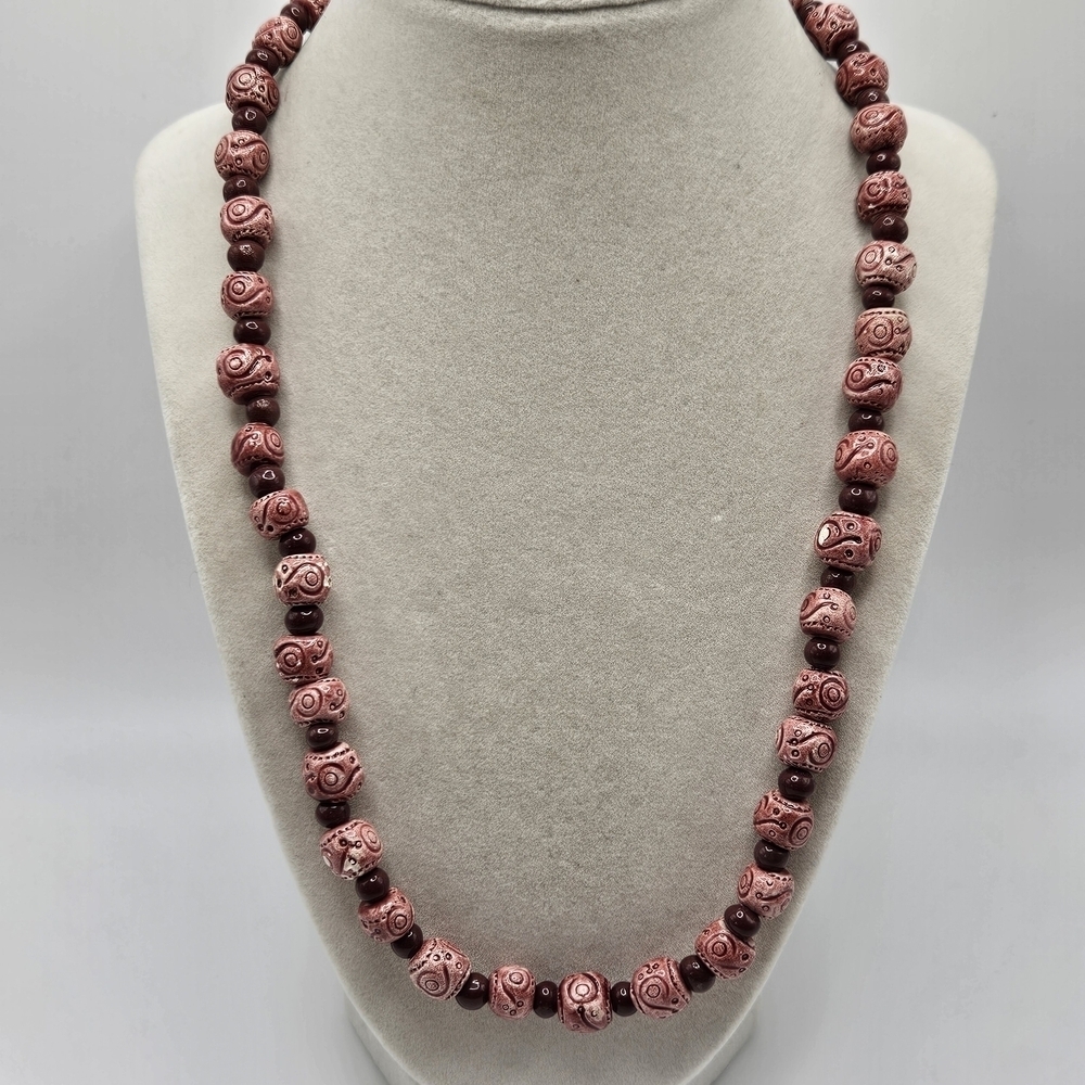 VINTAGE Red Carved Ceramic Bead Beaded 20" Strand Necklace Hook Clasp